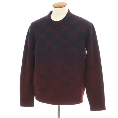 【中古】グッチ GUCCI ウール GGロゴ ジャカード クルーネック プルオーバーニット ネイビーxボルドー【サイズM】【メンズ】