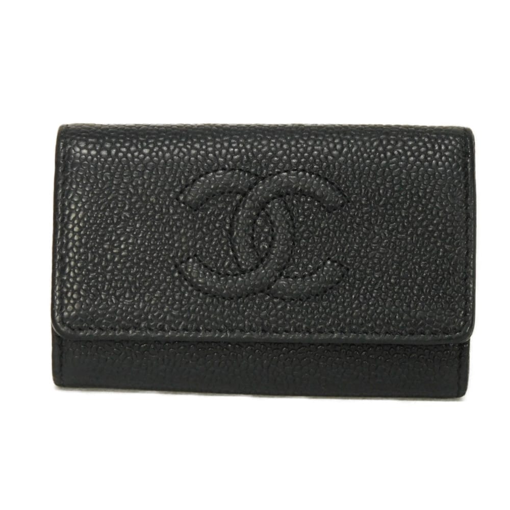 CHANEL シャネル CCシグネチャー 6連 キーホルダー CCマーク エンボス ステッチ グレイン カーフ シルバー フラップ Wスナップボタン 17番台 ココマーク キャビアスキン ブラック キーケース A01439