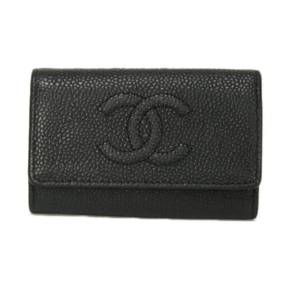 CHANEL シャネル CCシグネチャー 6連 キーホルダー CCマーク エンボス ステッチ グレイン カーフ シルバー フラップ Wスナップボタン 17番台 ココマーク キャビアスキン ブラック キーケース A01439