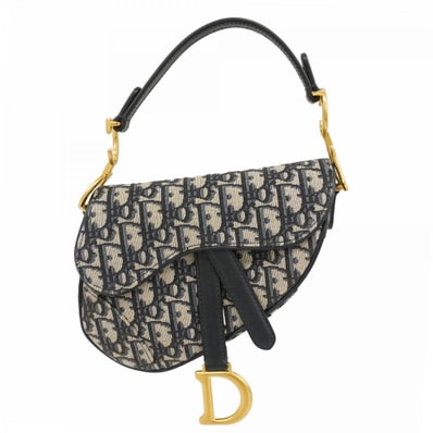 【6dd4370-h】クリスチャンディオール ハンドバッグ オブリーク サドル キャンバス ネイビー ゴールド金具【中古】レディース