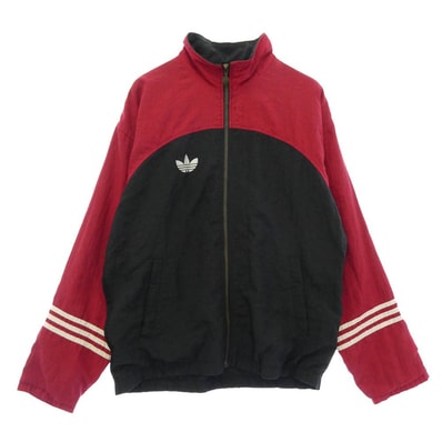 adidas アディダス 90s 万国旗タグ ロゴ ジップアップ ナイロンジャケット トラックジャケット ブラック系 レッド系 M【中古】
