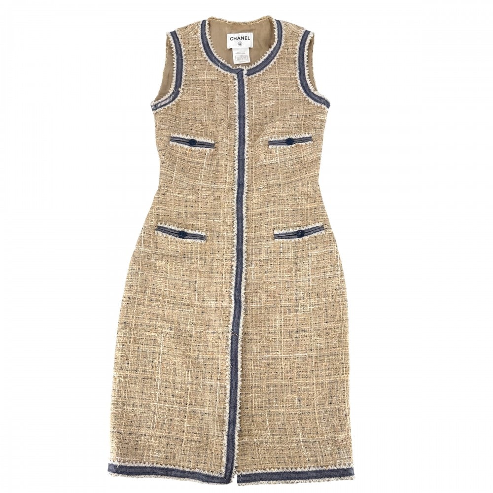 CHANEL シャネル ワンピース ツイード ノースリーブワンピース アパレル ココマーク 服 36 ベージュ ネイビー 紺 レディース 春 夏【中古品】