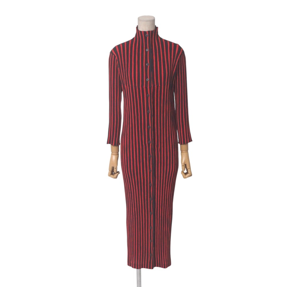 ■美品■ISSEY MIYAKE イッセイミヤケ ワンピース サイズS プリーツ ハイネック シャツワンピース ストライプ【おすすめ】 ブランド古着【中古】20250513/RA4785
