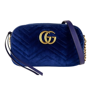 グッチ GUCCI 斜め掛けショルダーバッグ GGマーモント ベルベット ダークブルー ゴールド レディース 447632【中古】 z10743