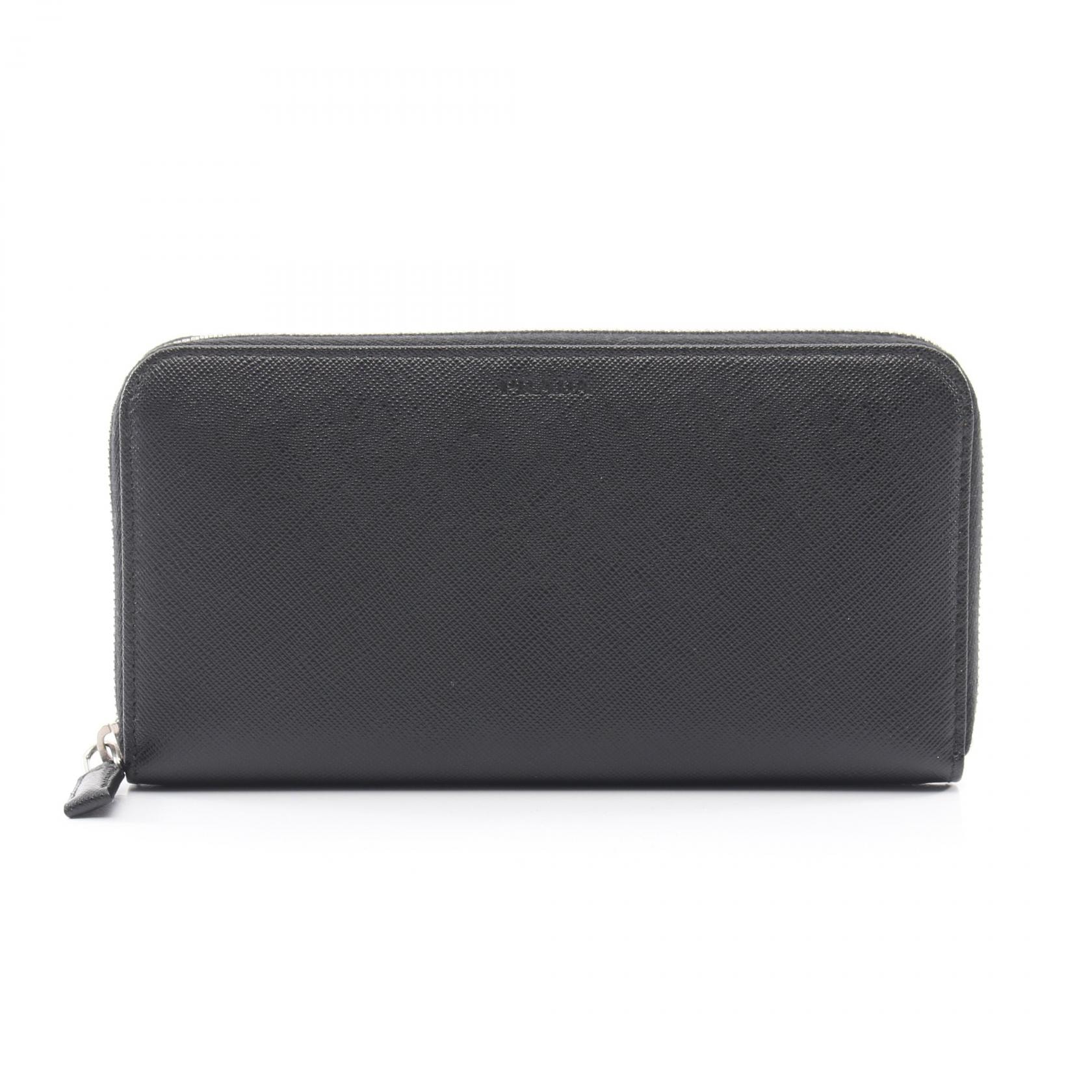 プラダ PRADA 型押しロゴ ラウンド長財布 財布 サフィアーノレザー メンズ レディース ブラック系 【中古】