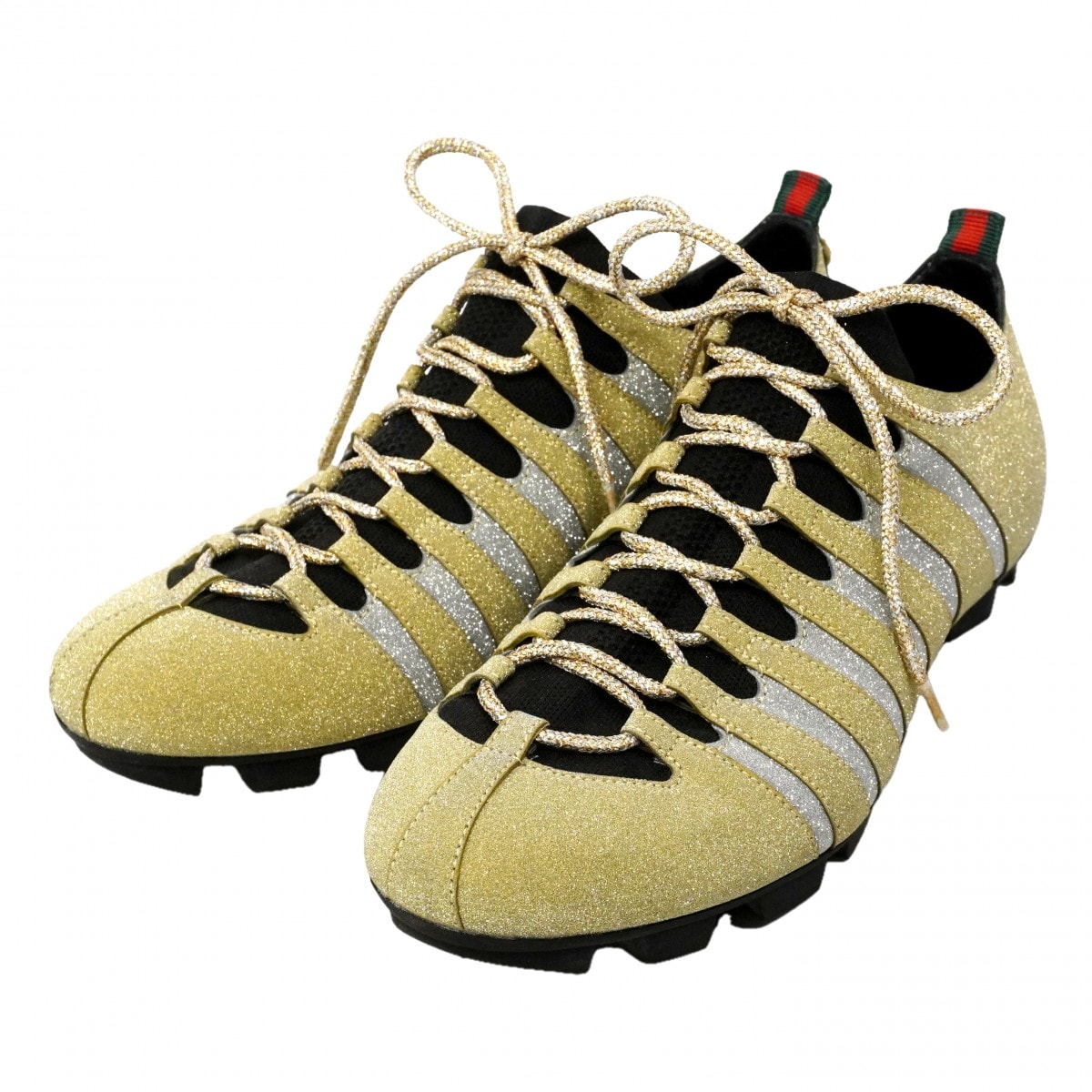 【6apf034】グッチ スニーカー 7.5 シェリーライン グリッター ゴム ゴールド シルバー【中古】メンズ