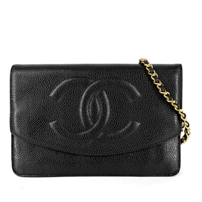 CHANEL シャネル チェーンウォレット ココマーク ショルダーバッグ 長財布 肩掛け 斜め掛け キャビアスキン ブラック 黒 ゴールド金具 レディース【中古品】