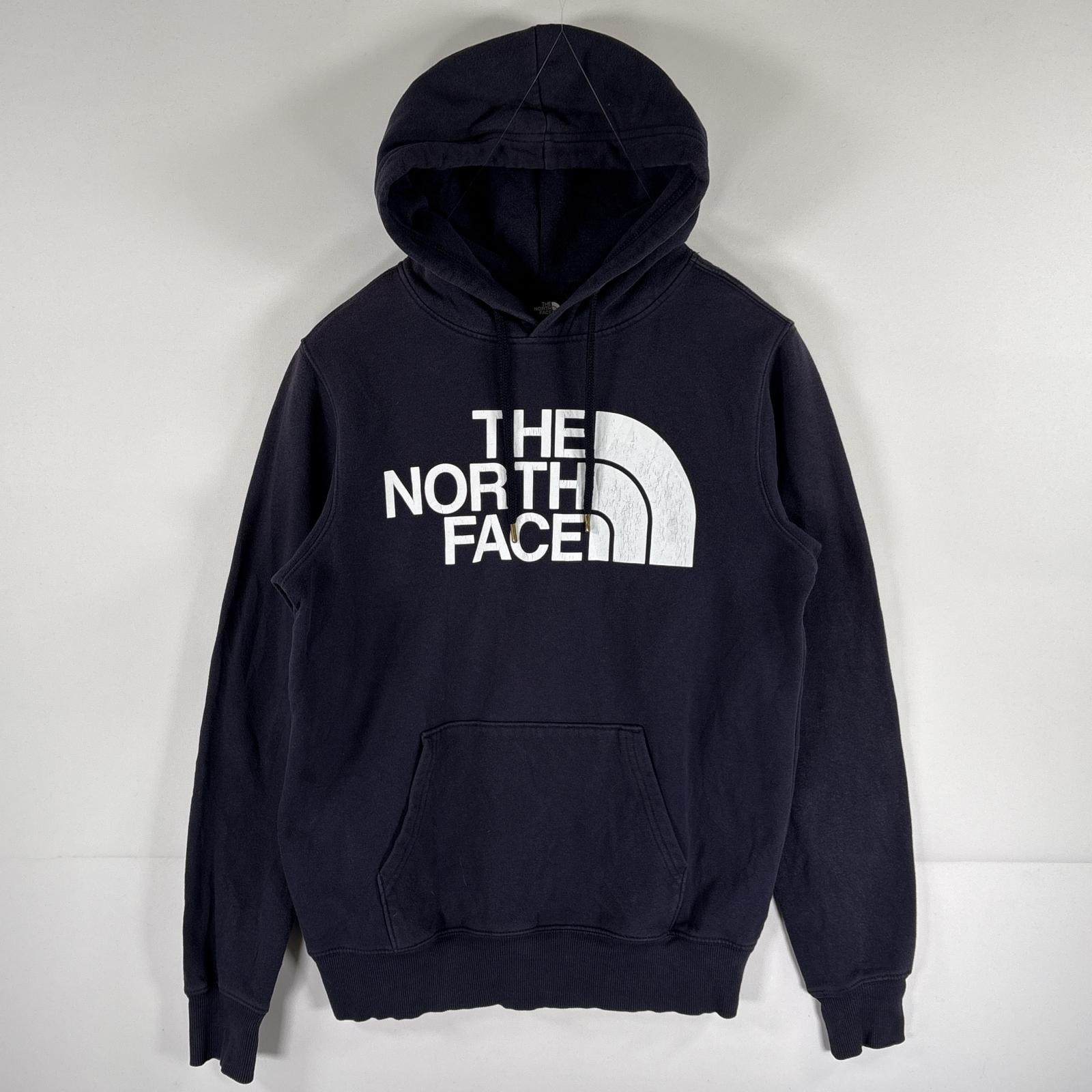 古着 ザ・ノースフェイス THE NORTH FACE パーカー ビッグロゴプリント アウトドア プルオーバー フーディ S  ネイビー メンズ