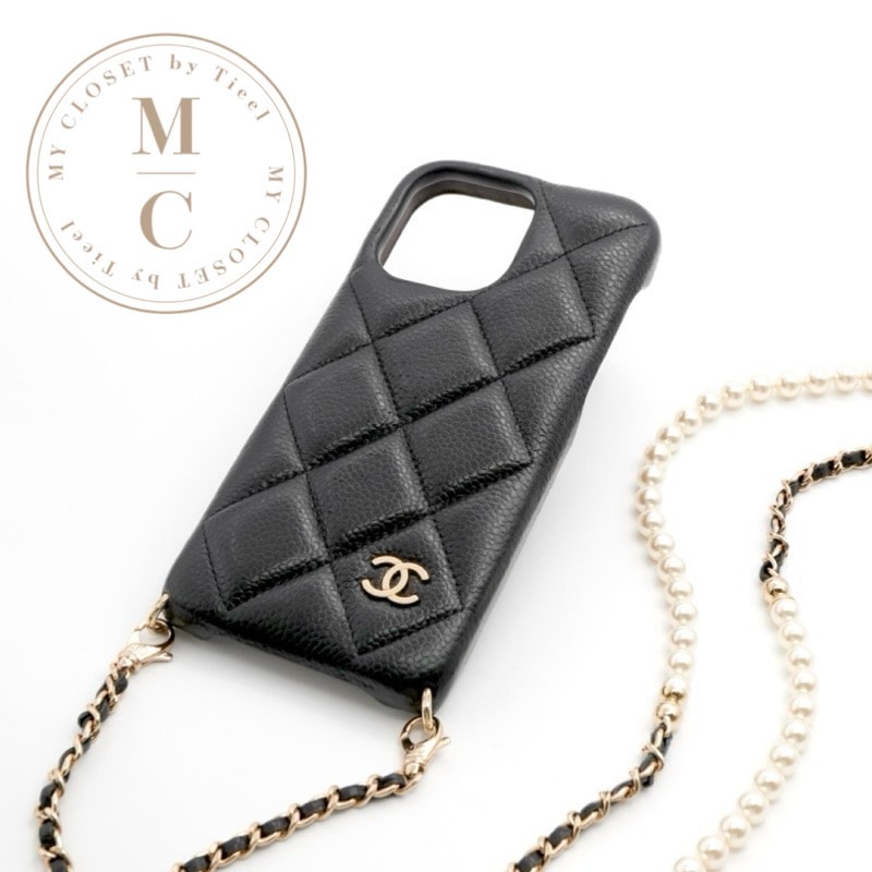 シャネル CHANEL 携帯・スマホアクセサリー ブラック ゴールド ココマーク マトラッセ iPhone15proMAX iPhoneケース チェーン パール