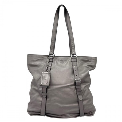 PRADA プラダ トートバッグ ベルテッド レザー メタリック 肩掛け レザー グレー シルバー金具 レディース【中古品】