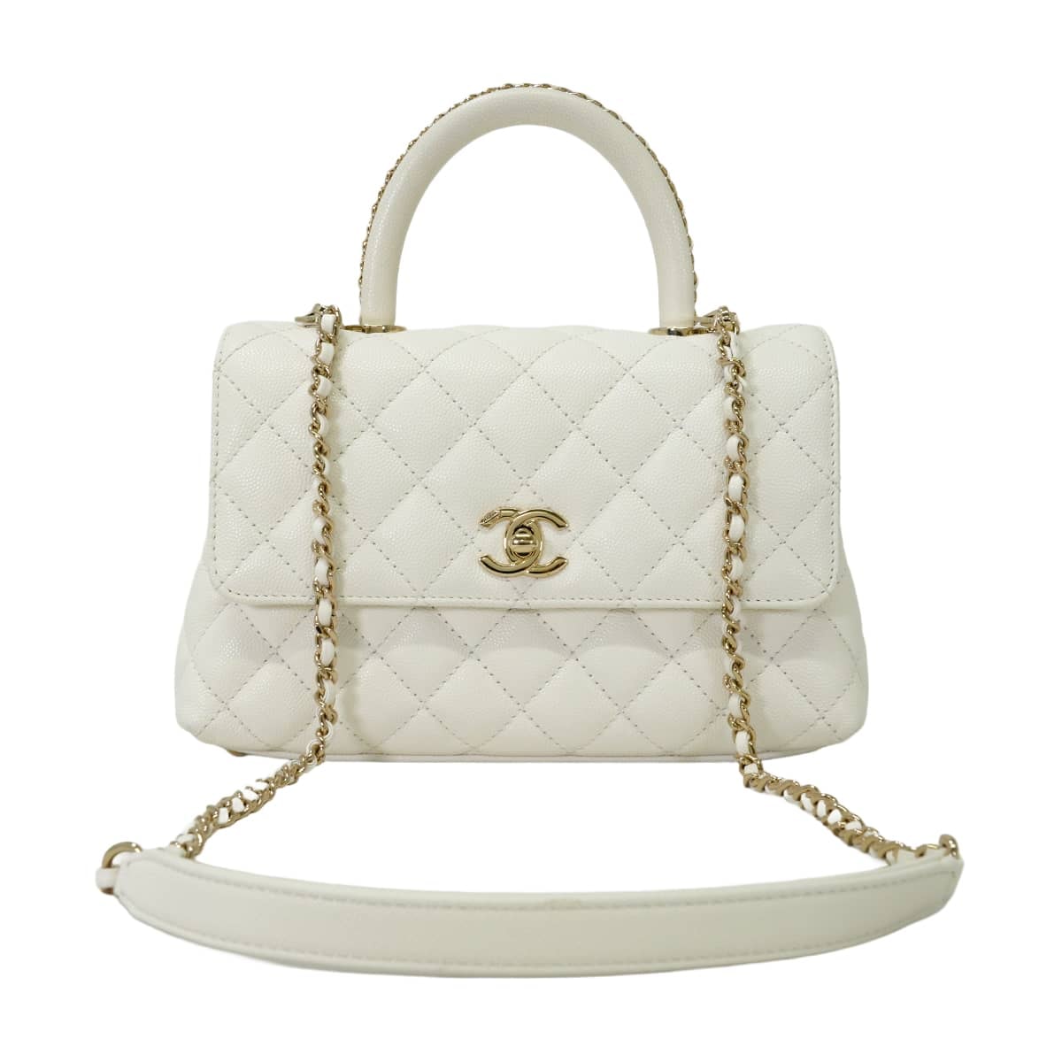 CHANEL シャネル ハンドバッグ マトラッセ ココハンドル 24 XS チェーントップハンドル 白 (ホワイト) グレインドカーフ(キャビアスキン) シャンパンゴールド金具 A92990 新品同様【中古】