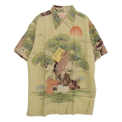 SUN SURF サンサーフ 半袖シャツ SS39231 SP スペシャル FLOWER BLOOMING FOLKTALE K・イソシマ商店実名復刻 ハレ アロハ 高砂 ハワイアン シャツ ペールイエロー系 XL【新古品】【未使用】【中古】