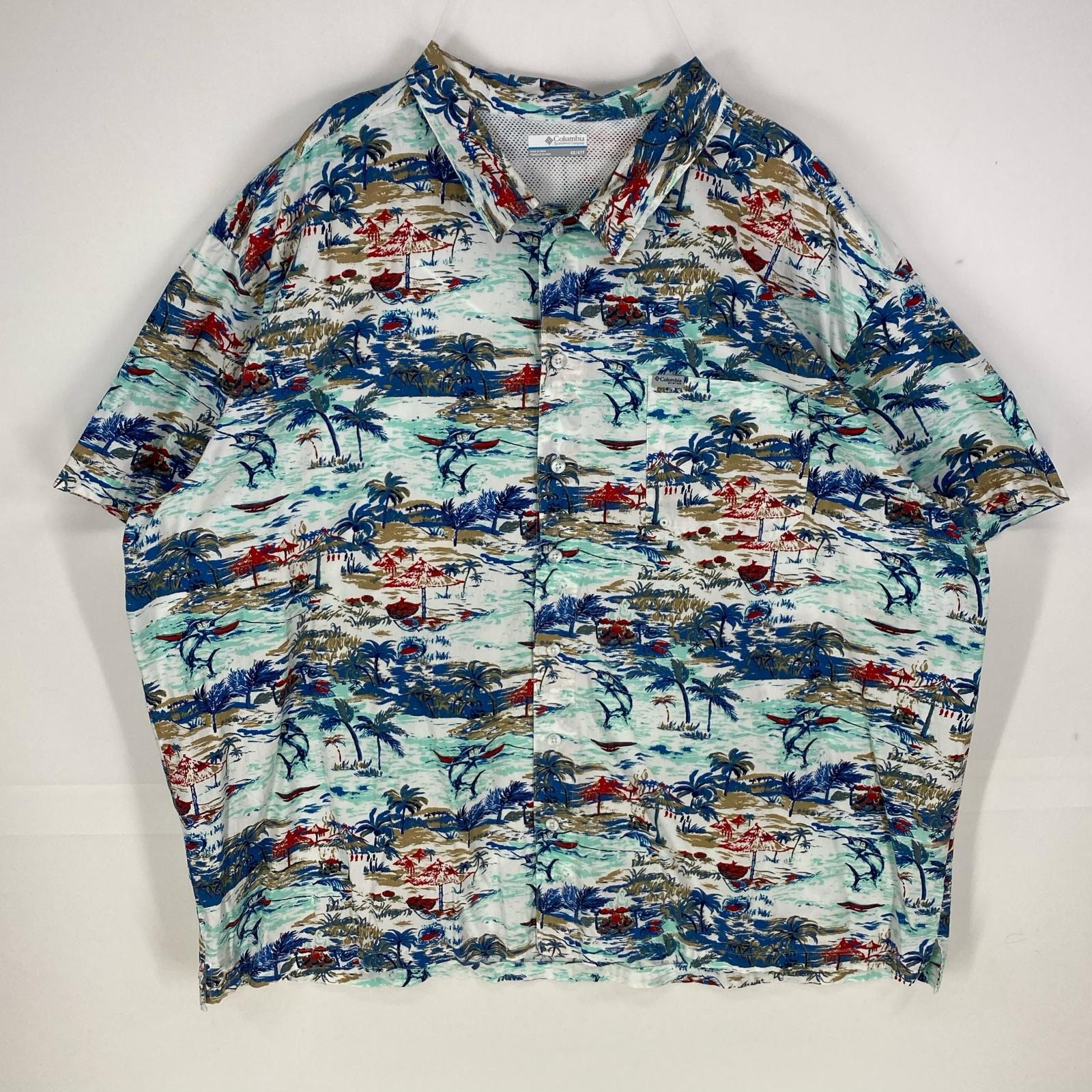古着 コロンビア Columbia 半袖シャツ アウトドア フィッシング 裏メッシュ 大きいサイズ 4XL  ブルー系 総柄 メンズ