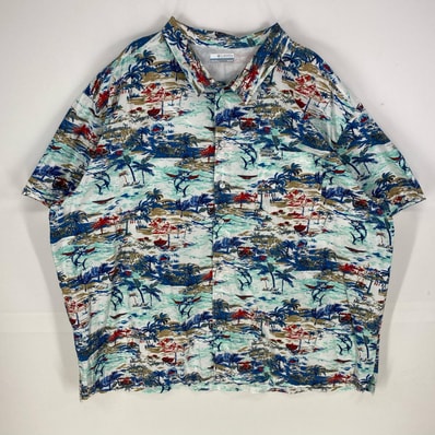 古着 コロンビア Columbia 半袖シャツ アウトドア フィッシング 裏メッシュ 大きいサイズ 4XL ブルー系 総柄 メンズ