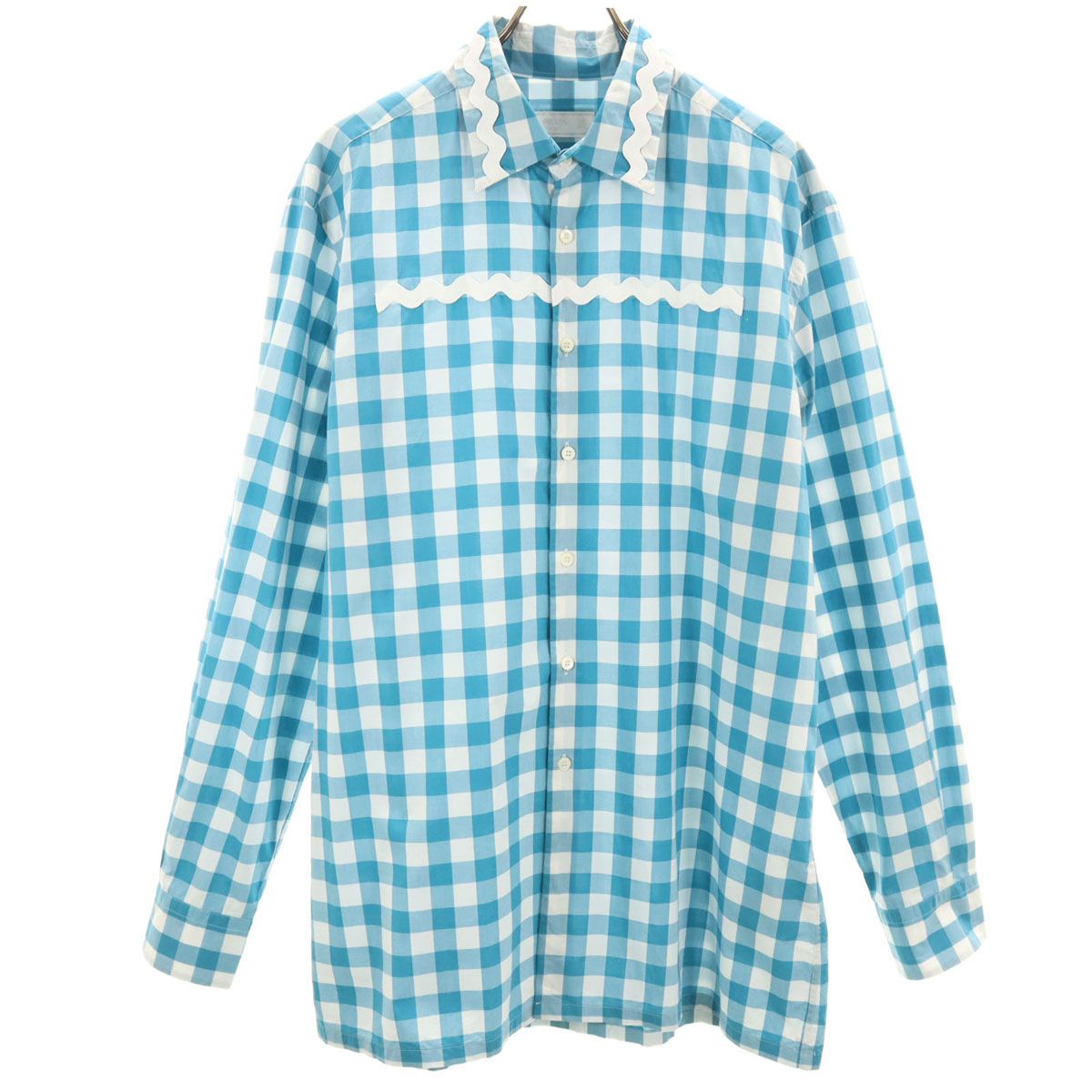 PRADA プラダ イタリア製 ギンガムチェック柄 長袖 コットンシャツ 42 ホワイト