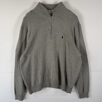 古着 ポロバイラルフローレン Polo by Ralph Lauren コットンニットセーター ハーフジップ 大きいサイズ ワンポイントロゴ刺繍 14041 グレー メンズ