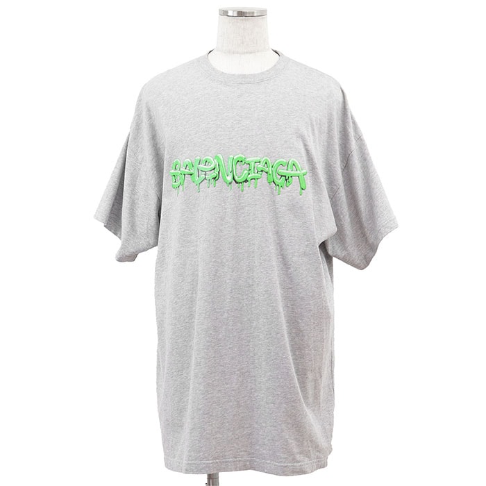 BALENCIAGA バレンシアガ Tシャツ ロゴプリント 2021年製 UNIFIT ビッグシルエット ラバー コットン100% カットソー トップス メンズ レディース ユニセックス サイズ 3 グレー ネオングリーン 灰色 緑 ポルトガル製