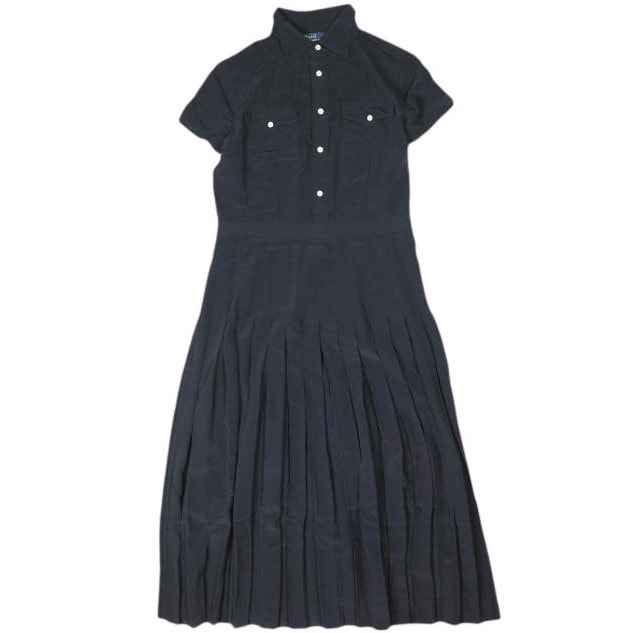 POLO RALPH LAUREN ポロ・ラルフローレン シルク クレープ プリーテッド シャツドレス 2 NAVY 半袖 ワンピース 定価86,900円 トップス g26725