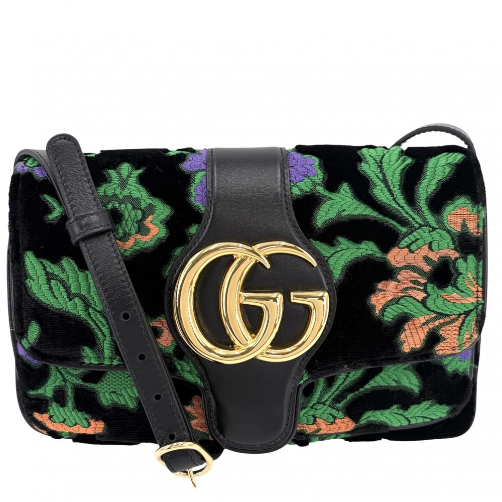 GUCCI グッチ ショルダーバッグ GGマーモント アリー 刺繍 肩掛け 斜め掛け 550129 ベロア  レザー   ブラック 黒 グリーン 緑 ゴールド金具 レディース【中古品】