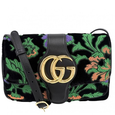 GUCCI グッチ ショルダーバッグ GGマーモント アリー 刺繍 肩掛け 斜め掛け 550129 ベロア レザー ブラック 黒 グリーン 緑 ゴールド金具 レディース【中古品】