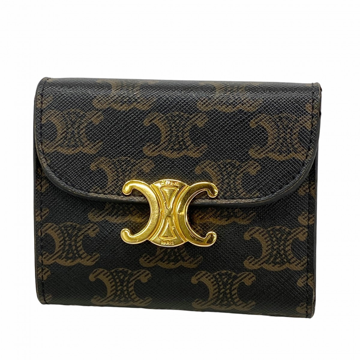 【6ce6179】セリーヌ 三つ折り財布 トリオンフ PVC ブラック ゴールド金具【中古】レディース