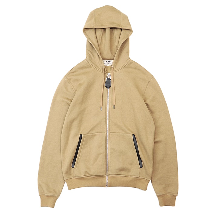 美品 エルメス 2023AW フーディ レザー カシミヤブレンド パーカー メンズ キャメル S HERMES