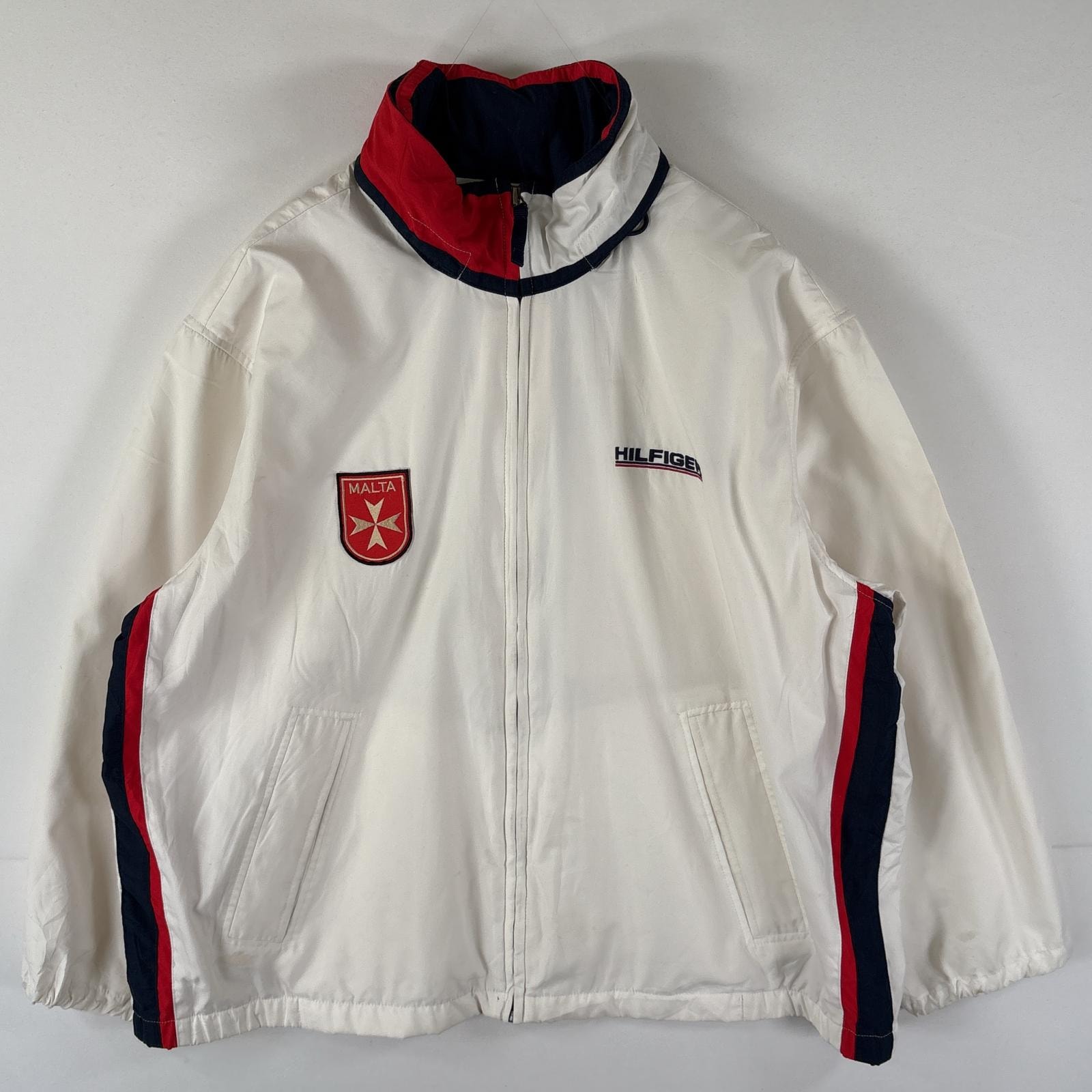 古着 トミーヒルフィガー TOMMY HILFIGER ナイロンジャケット ワンポイントロゴ刺繍 ワッペン フルジップ 収納フード 襟フラッグ ホワイト メンズ