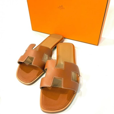HERMES オラン ボックスカーフ サンダル ブラウン #38 フラットソール イタリア製 鑑定済み 正規品 エルメス