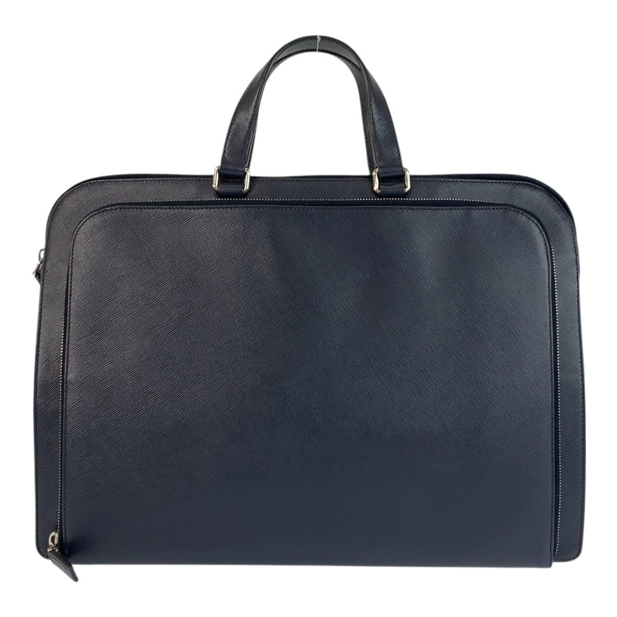 美品 PRADA プラダ サフィアーノ ネイビー シルバー金具 レザー ビジネスバッグ ブリーフケース 601251 【中古】