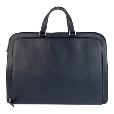 美品 PRADA プラダ サフィアーノ ネイビー シルバー金具 レザー ビジネスバッグ ブリーフケース 601251 【中古】