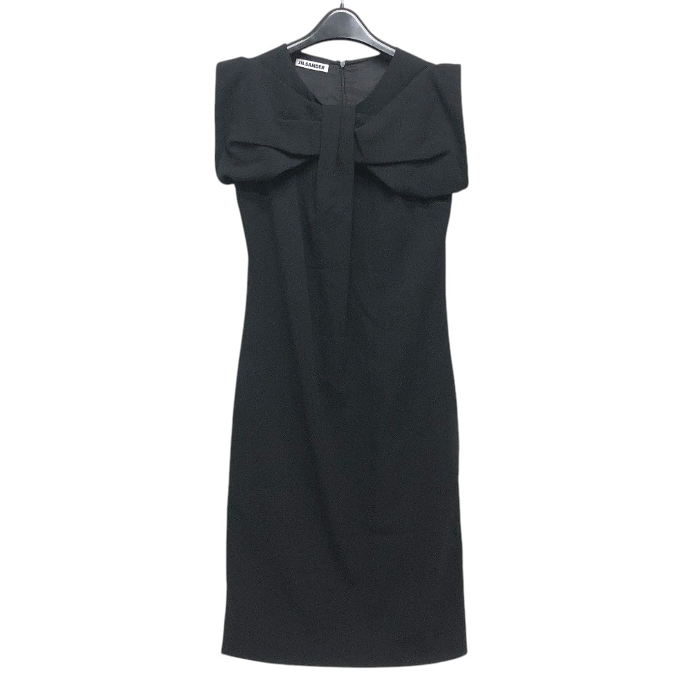 ジルサンダー JIL SANDER リボンモチーフ アパレル タイト ドレス ひざ下 ノースリーブ ワンピース ウール ブラック