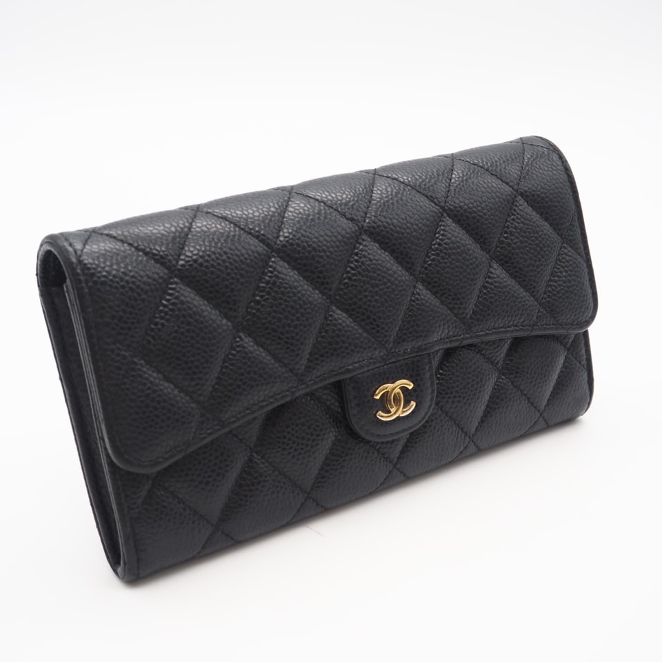 CHANEL シャネル マトラッセ クラシックロング フラップ ウォレット AP0241 長財布 ブラック キャビアスキン レディース