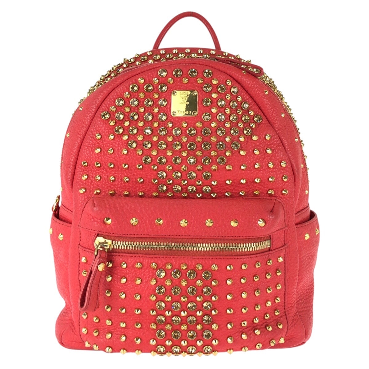 美品 MCM エム シー エム Stark スタッズ レッド ゴールド金具 レザー ラインストーン/ リュックサック バックパック 603598 【中古】