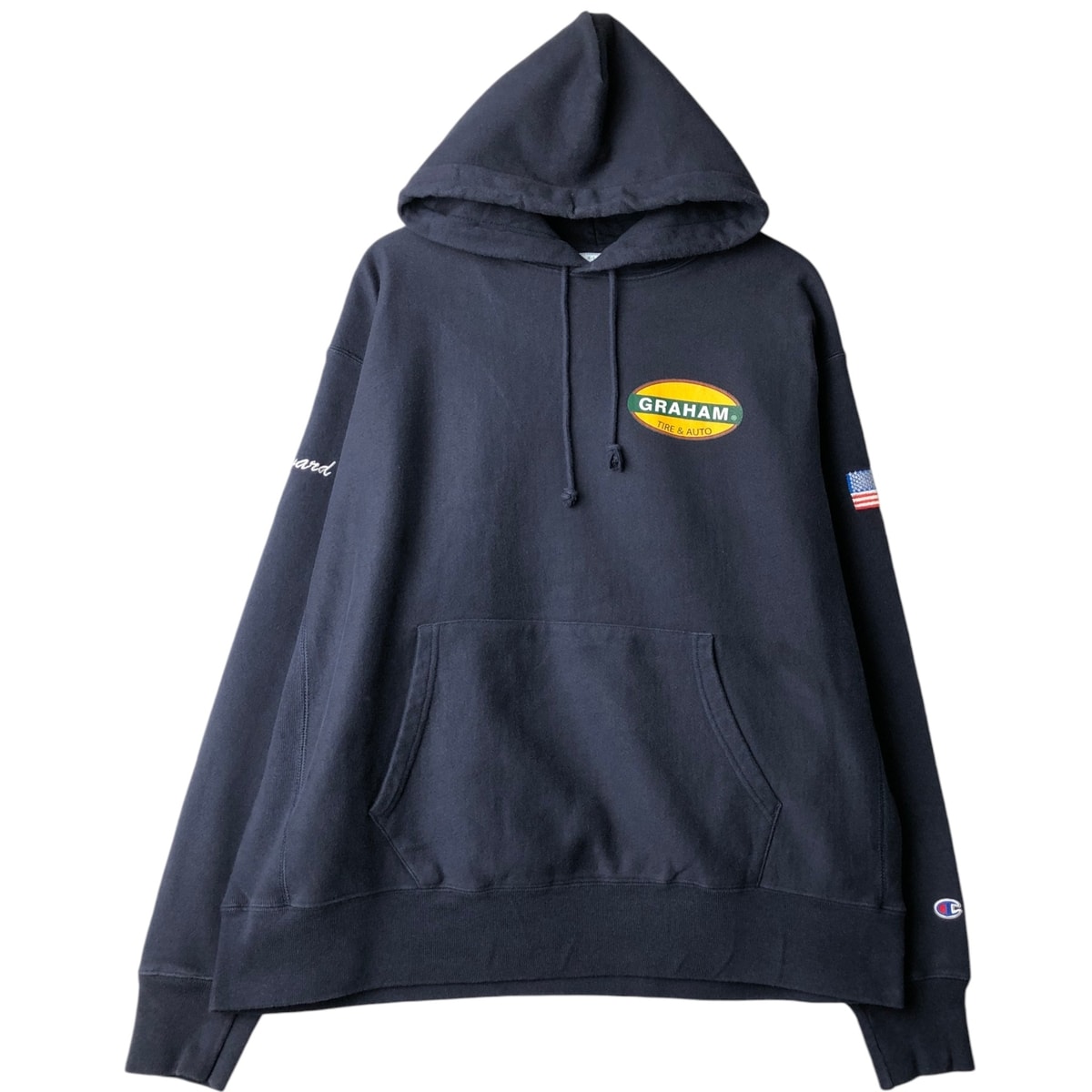 古着 チャンピオン Champion REVERSE WEAVE リバースウィーブ Graham Tire & Auto 星条旗柄 アドバタイジング スウェットプルオーバーパーカー メンズXL相当/eaa645496