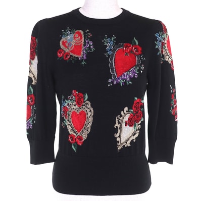 美品 ドルチェ&ガッバーナ ハートモチーフ 七分袖 ニット ブラック 40