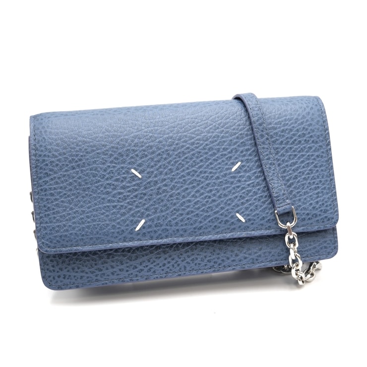 Maison Margiela(メゾン マルジェラ)4ステッチ チェーンウォレット ショルダーバッグ 長財布 ブルー レザー シルバー金具 レディース【中古】