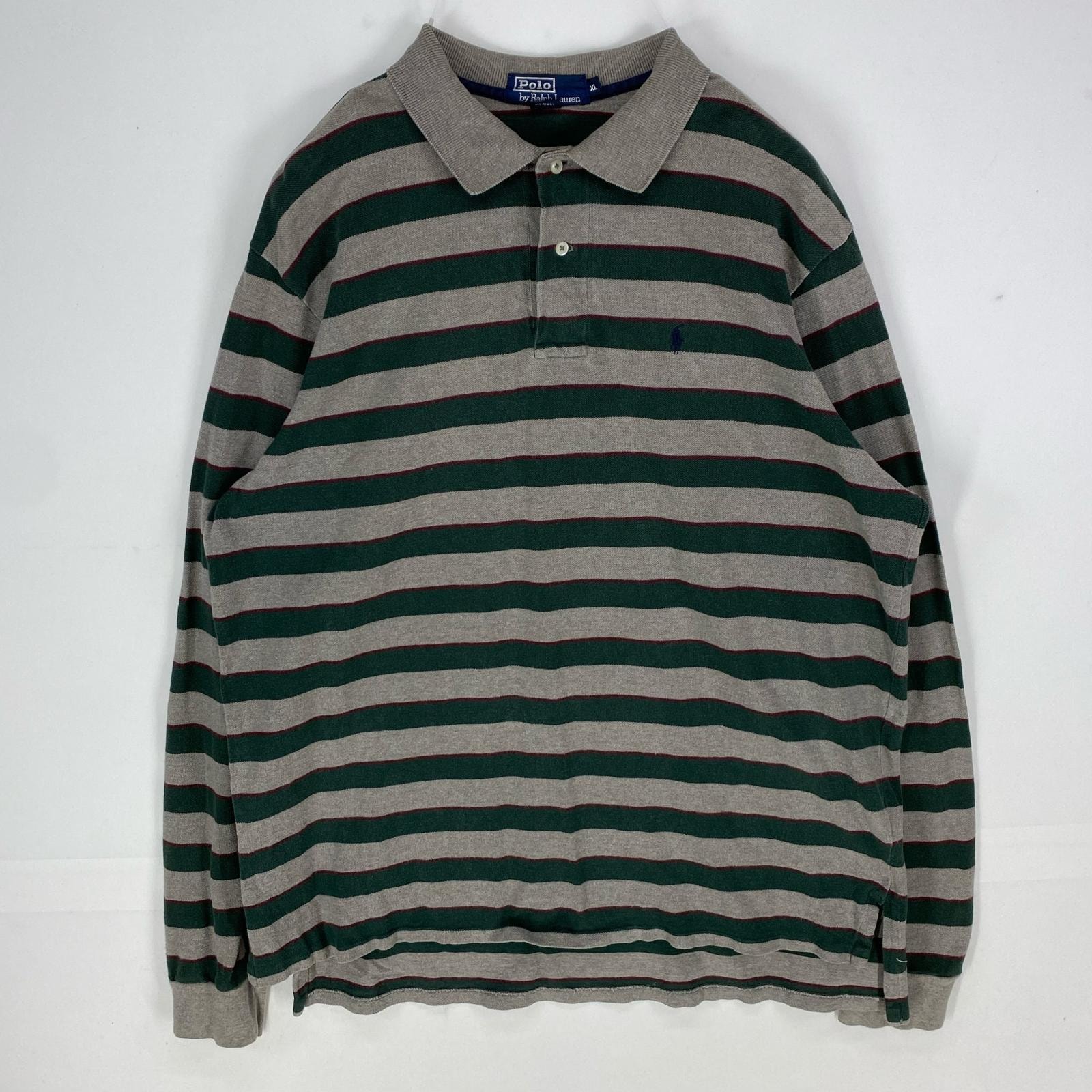 古着 ポロバイラルフローレン Polo by Ralph Lauren USA製 長袖シャツ ワンポイント 刺繍 ポロシャツ XL グレー系 ボーダー メンズ