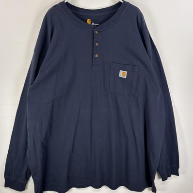 古着 カーハート Carhartt 長袖Tシャツ ヘンリーネック 肉厚 大きいサイズ 4XL ネイビー 無地 メンズ