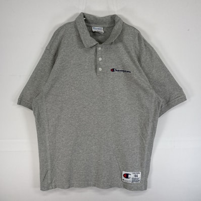 古着 チャンピオン Champion 半袖 ポロシャツ ロゴ 刺繍 リバースウィーブ 復刻 肉厚 3ボタン L グレー 無地 メンズ