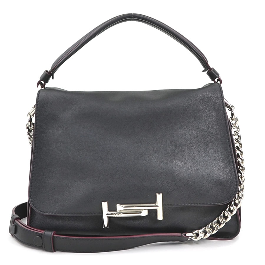 トッズ TOD’S ハンドバッグ ショルダーバッグ ダブルT レザー ブラック レディース【中古】 h32637f