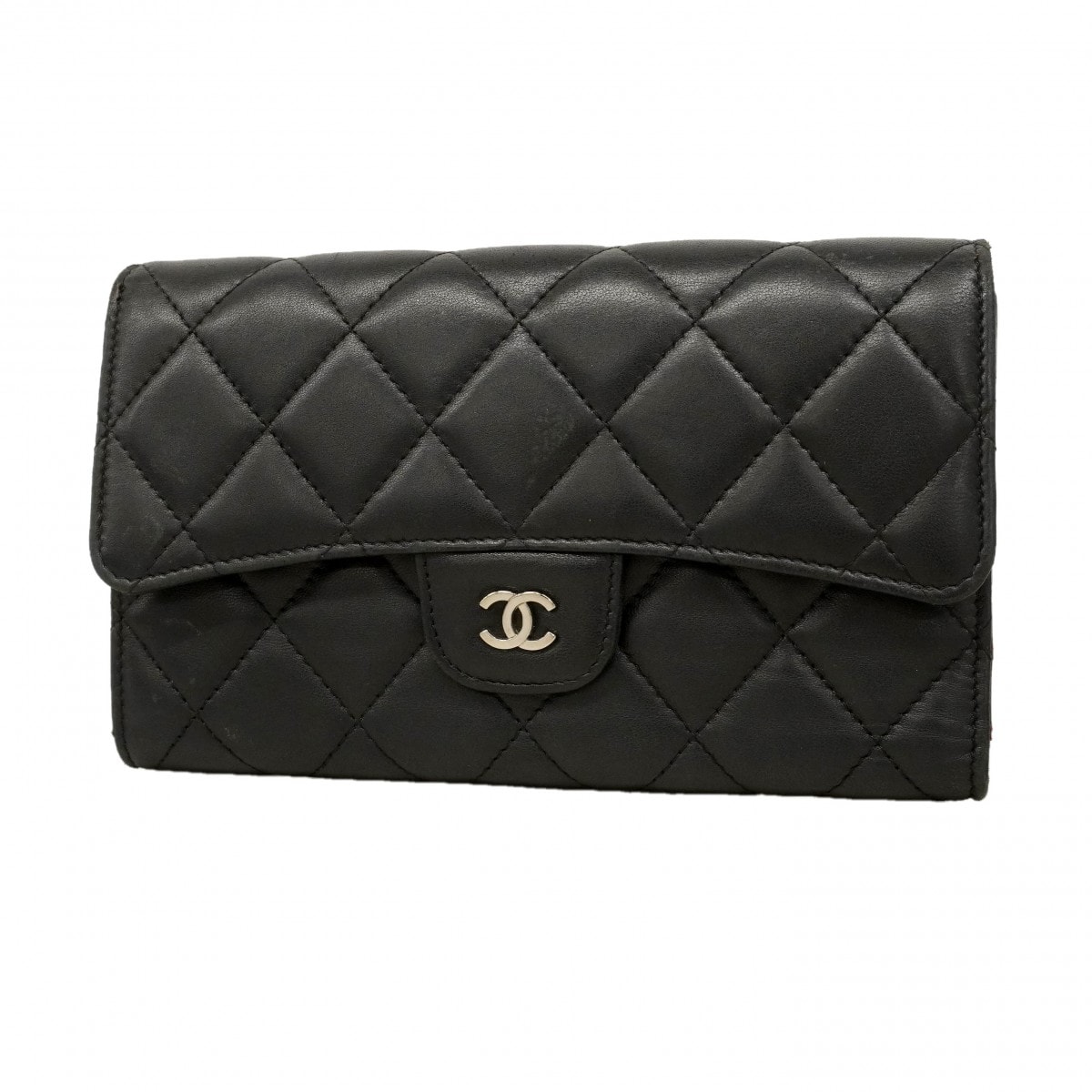 【6db0804-k】シャネル 長財布 マトラッセ ラムスキン ブラック シルバー金具【中古】レディース