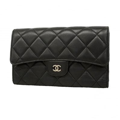 【6db0804-k】シャネル 長財布 マトラッセ ラムスキン ブラック シルバー金具【中古】レディース