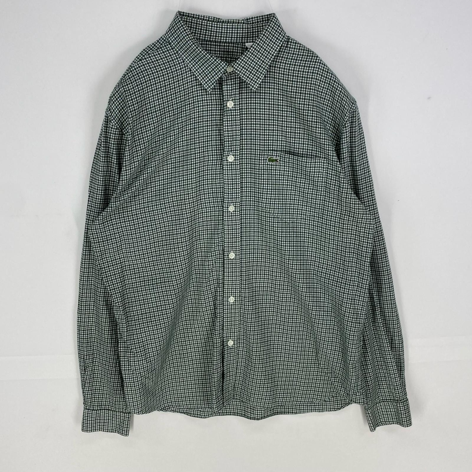 古着 ラコステ LACOSTE 長袖シャツ ワンポイント ワッペン 刺繍タグ ロングスリーブ M  グリーン系 チェック メンズ