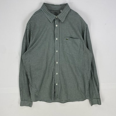 古着 ラコステ LACOSTE 長袖シャツ ワンポイント ワッペン 刺繍タグ ロングスリーブ M グリーン系 チェック メンズ