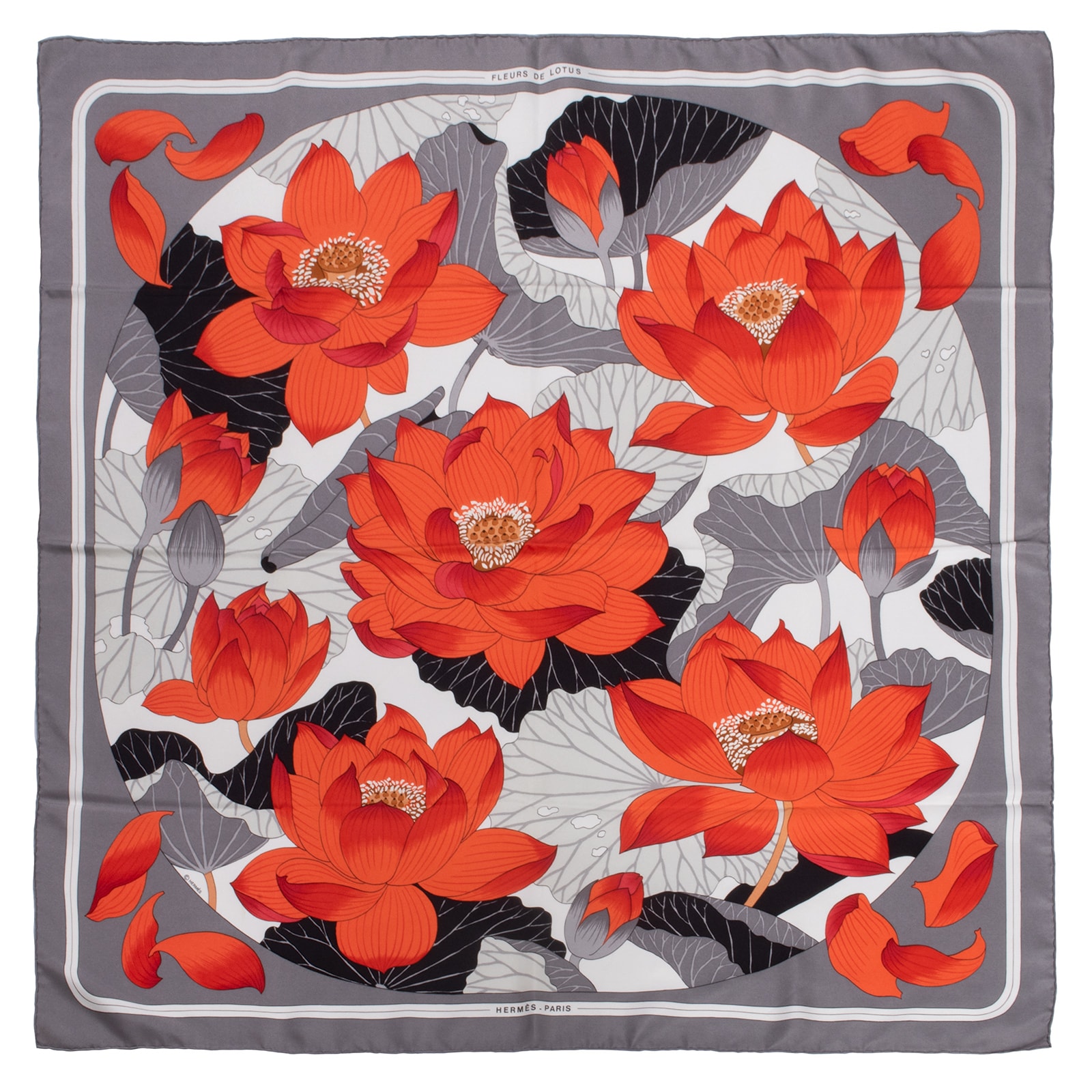 HERMES エルメス カレ90 Fleurs de Lotus 蓮の花 スカーフ シルク グレー オレンジ【中古】