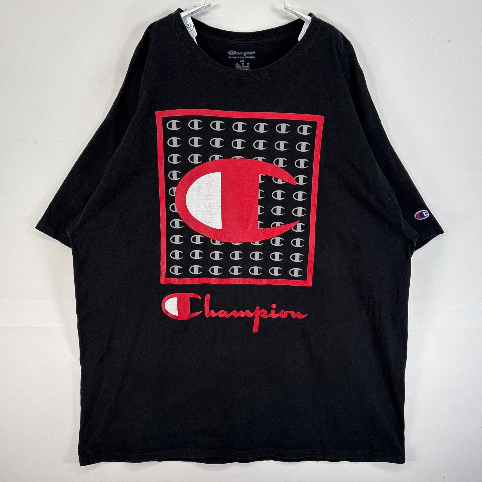 古着 チャンピオン Champion 半袖Tシャツ プリント ロゴ 大判 ラバープリント 大きいサイズ 2XL  ブラック メンズ