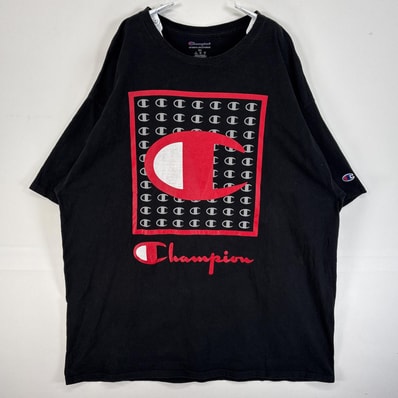 古着 チャンピオン Champion 半袖Tシャツ プリント ロゴ 大判 ラバープリント 大きいサイズ 2XL ブラック メンズ