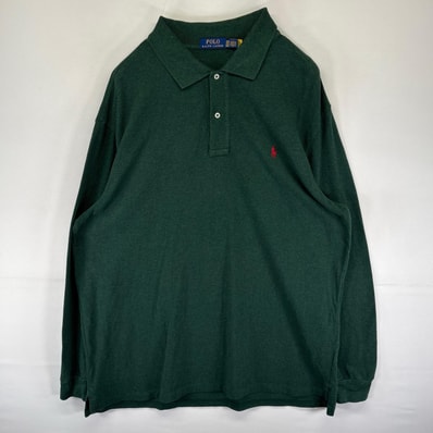 古着 ポロ・ラルフローレン POLO RALPH LAUREN 鹿の子 長袖シャツ ポロシャツ ワンポイントロゴ刺繍 2XLB グリーン系 無地 メンズ