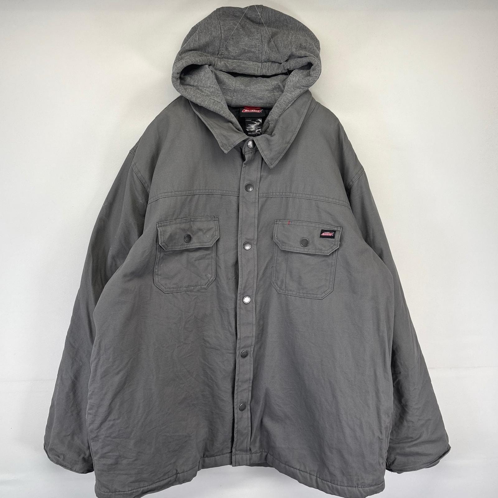 古着 ディッキーズ Dickies ワークジャケット ダック レイヤード 中綿 パーカー フルジップ ワンポイントロゴ 3XL  グレー系 メンズ