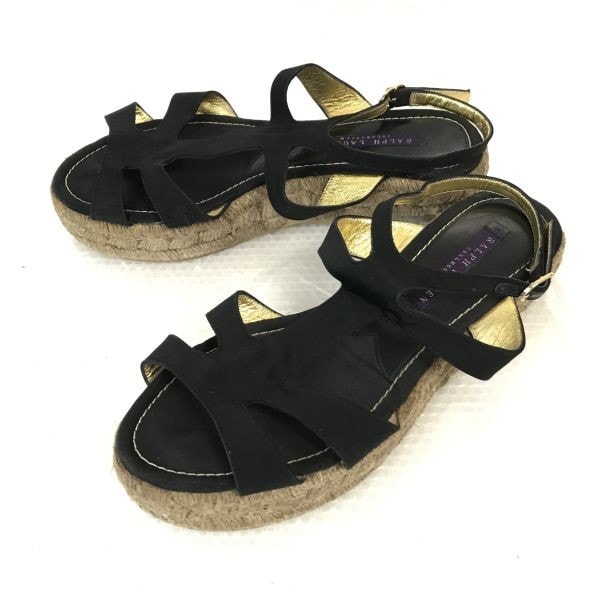 美品★RALPH LAUREN Collection★アンクルストラップサンダル【7/24.0/黒/BLACK】ラルフローレン/ジュートソール/Shoes/sandal◆cQ-548
